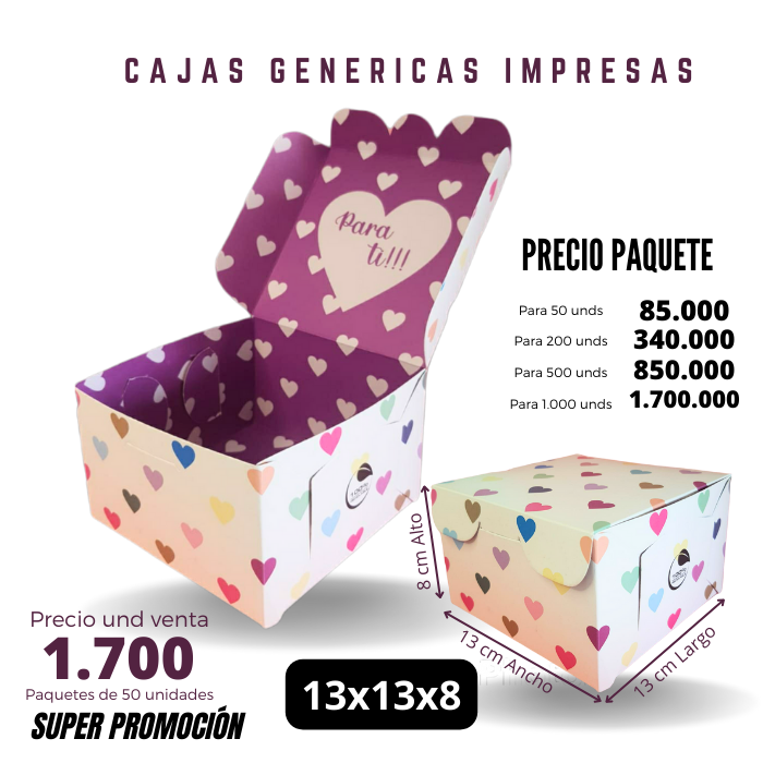 Caja Genérica 13x13x8 Impresa corazones Caja Ecológica