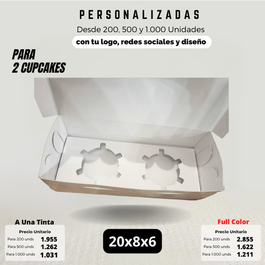 Caja 20x8x6 para 2 cupcakes Caja Ecológica Personalizada