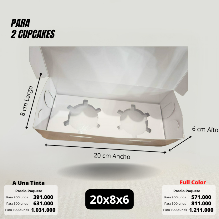 Caja 20x8x6 para 2 cupcakes Caja Ecológica Personalizada