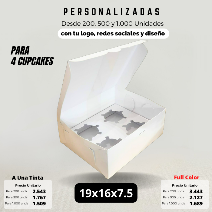 Caja 19x16x7.5 para 4 cupcakes Caja Ecológica Personalizada