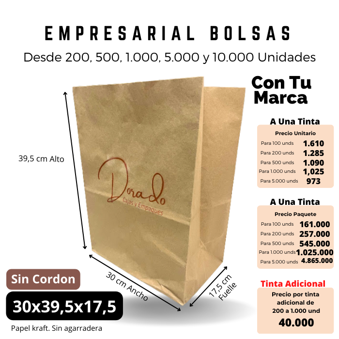 Bolsa Kraft 30x39.5x17.5 Sin Agarradera Ecológica Personalizada Impresa