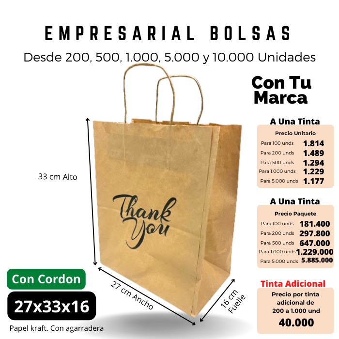 Bolsa Kraft 27x33x16 Con Agarradera Ecológica Personalizada Impresa
