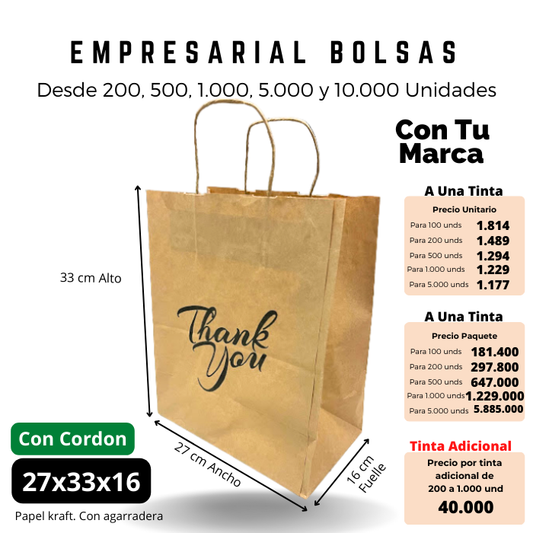 Bolsa Kraft 27x33x16 Con Agarradera Ecológica Personalizada Impresa